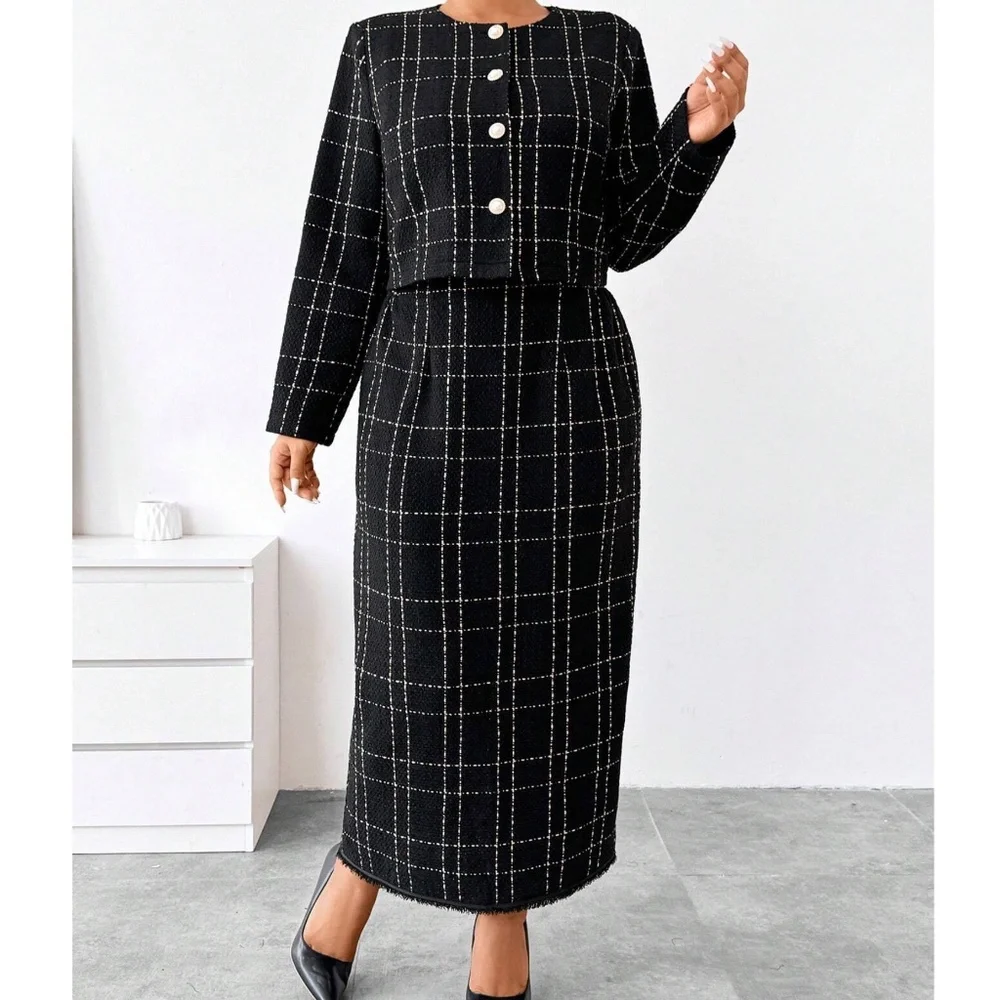 Plus Classic Plaid Print Tweed Blazer Maxi Skirt Set - Picture 5 of 9